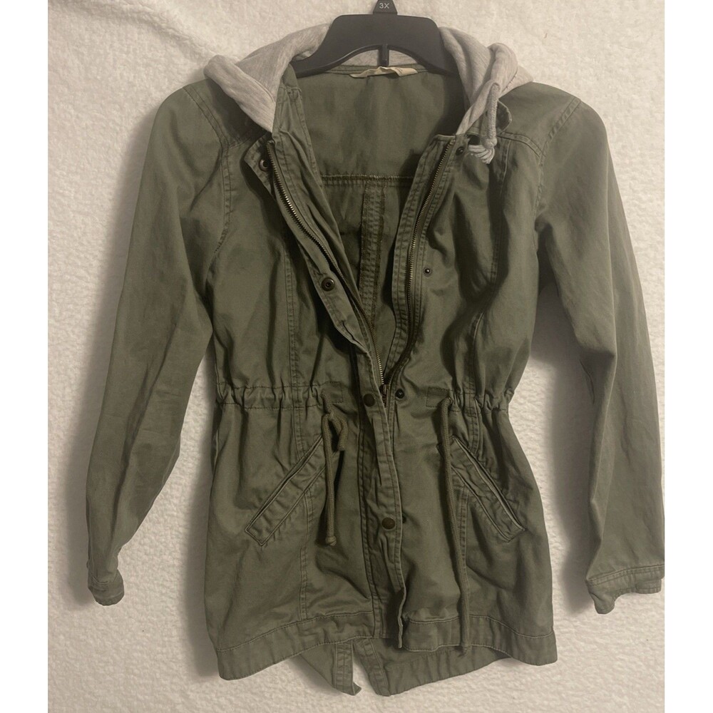 VTG  Hollister Jacket Womens Small Green Cinch Waist Button Hood Field Army Y2K